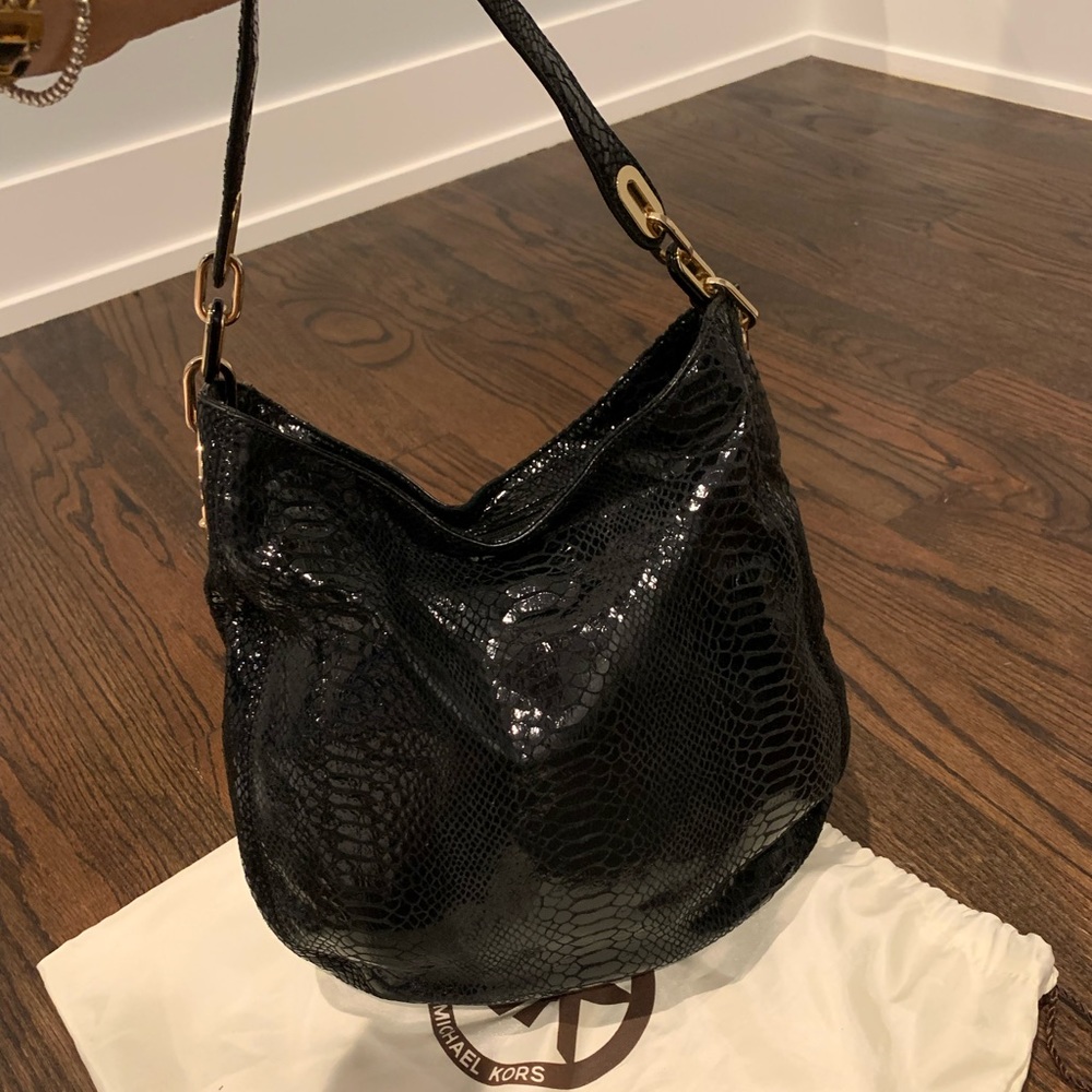 Michael Kors Mock Snake Print Black Shoulder Bag